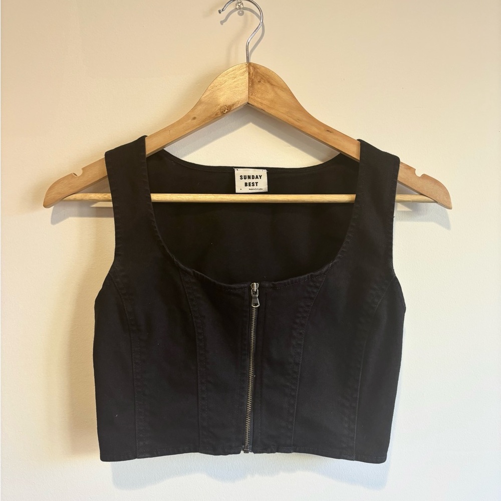 Sunday Best Black Denim Zippered Crop Top
